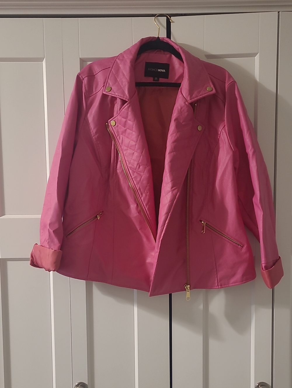 Fashion Nova Hot Pink Quilted Faux Leather Moto Jacket